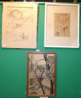 Tableau (3) : Dessin à la plume s/pap - Vue - signé 28x19 c (acc) +Plume s/pap - le Rouet - signé 40x30 c + encre de chine s/pap - toits - signé 30x47cm c s - v (3pces)