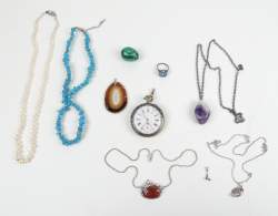 Bijoux : Lot de bijoux : Montres de gousset certaines en argent Pbrut : 86 , 1g + améthyste , malachite , agate (10pcs)