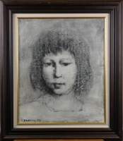 Tableau Lavis s/papier -Portrait de jeune fille- daté 1957 signé DELMOTTE Marcel