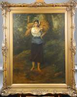 Tableau HST (rest) -Jeune femme aux fagots- trace de signature fin19eS 80x60cm c