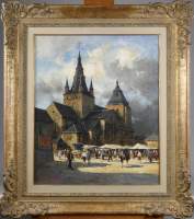 Tableau HST -Collégiale de Soignies marché animé- signé VAN GELDEREN Simon