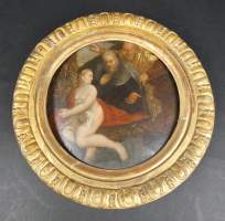 Tableau HSB -Suzanne et les vieillards- anonyme 17eS diam:17,5cm cadre rond doré