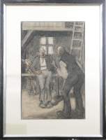 Tableau: dessin sur papier (pt déchirure) -2 hommes- signé au dos BAUER Marius