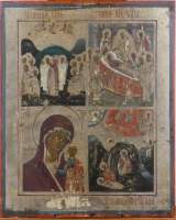 Tableau : Icône en bois peint décor de scènes bibliques 19eS