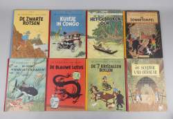 BD : Tintin HERGE éd Casterman 8 KUIFJE circa 1949/48/46 (Bel état gen , usure d'usage , frotte , écrits) dont Zonnetemple , Scepter Ottokar , Blauwe Lotus , 7 Kristallen Bollen.