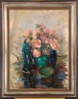 Tableau HSP - Nature morte avec bouquet de roses et statuettes chinoises - signé WERNAERS Adrien