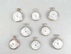 Bijou : Montres de gousset en métal argenté ROSKOPF / ROSSKOPF mvt à remontoir (usures) : (6 en état) dont 1 gravée locomotive + (2 Ds l'état , verre acc)