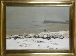 Tableau HST - Plage sous la Neige à Nieuport - signé DEVOS Léon