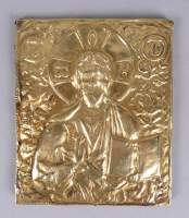 Religieux : Icône en bois avec rizza en or 18k repoussé - le Christ Pantocrator -