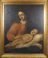 Tableau HST (rest , acc) - Vierge adorant l'enfant Jésus dormant - anonyme 17eS(lacunes)