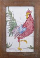 Tableau : Panneau de céramique (6 carreaux) peint d'un coq probablement fin 18e/ début 19eS 41x28 cadre bois