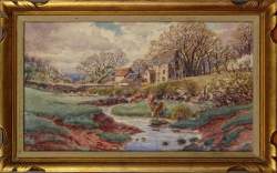 Tableau aquarelle -Cours d'eau- 1943 signé HAZLEDINE Alfred