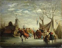 Tableau HSB Chêne -Paysage avec patineurs hollandais- anonyme fin 18eS début 19e