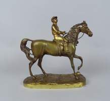 Sculpture : bronze patine dorée - Jockey sur sa monture - anonyme début 20eS