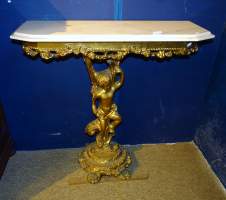 Meuble : console de style en bois doré - enfant - dessus marbre 2e moitié 20eS