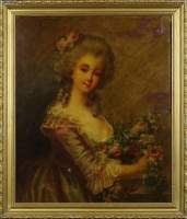 Tableau HST - Portrait de jeune fille aux fleurs - dans le goût de Anna Vallager - Coster (1744 , 1818) 19eS (ds l'état)