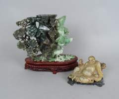 Asiatique : (2) sculpture en stéatite chinoise (acc) - Bouddha allongé - et - Vase