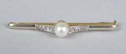 Bijou : Broche barette en or jaune et blanc 18K sertie d'une perle de culture et de diamants taille rose