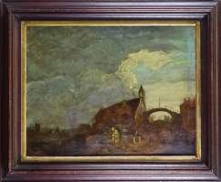 Tableau HST (doublé, ds l'état) -Vue de village animé- anonyme école italienne 1