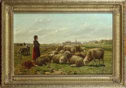Tableau HSB acajou -Fermière et ses moutons- signé BACKVIS Frans