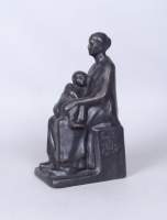 Sculpture : terre cuite patine brune - Mère et enfant assis - signé STOFFYN Paul