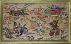 Asiatique : ancienne xylogravure rehaussée aquarelle et gouache - Composition de personnages - signé
