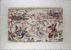 Asiatique : ancienne xylogravure rehaussée aquarelle et gouache - Composition combattants - anonyme