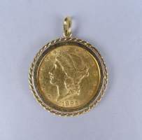 Collection : Pièce de monnaie de 20 dollars OR de 1896 - 2 aigles - - liberty - 0 , 967once sertie en pendentif entourage en or jaune 18K