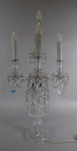 Girandole en verre et cristal taillé 5 branches avec pendeloques en demi-cristal