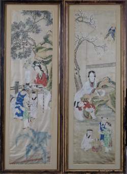 Asiatique : 2 tableaux chinois peints sur soie fin 19è début 20eS