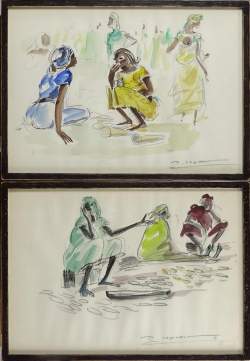 Tableau: (2) Aquarelle -scène de village africain- signé DAXHELET Paul Tableau: (2) Aquarelle -scène de village africain- signé DAXHELET Paul