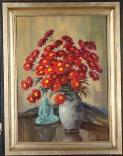 Tableau HST -Bouquet de fleurs et Bouddha- signé BRASSEUR Henri Tableau HST -Bouquet de fleurs et Bouddha- signé BRASSEUR Henri