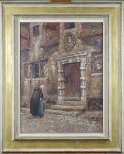 Tableau technique mixte s/carton (marouflé) -Ruelle animée- signé VAN NESTE Alfr Tableau technique mixte s/carton (marouflé) -Ruelle animée- signé VAN NESTE Alfr