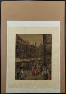 Tableau fusain sur papier -Marché animé- signé LIEBERMANN attribution possible à Tableau fusain sur papier -Marché animé- signé LIEBERMANN attribution possible à