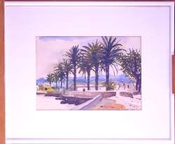 Tableau Aquarelle/papier -Allée de palmiers à Lipari (les îles Éoliennes)- signé Tableau Aquarelle/papier -Allée de palmiers à Lipari (les îles Éoliennes)- signé