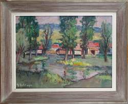 Tableau HST -L'été sur la rivière, Merck ST Liévin (Pas de Calais) - 1964 signé Tableau HST -L'été sur la rivière, Merck ST Liévin (Pas de Calais) - 1964 signé