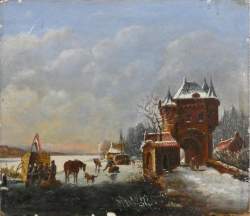 Tableau HSB (pt lacunes) - Porte de la ville animée sous la neige - signé LEICKERT Charles Tableau HSB (pt lacunes) - Porte de la ville animée sous la neige - signé LEICKERT Charles