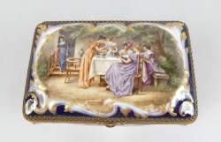 Céramique : Boite / coffret en porcelaine Allemande et laiton peinte de scènes galantes signé WAGNER marque D couronné fin 19e - début 20eS