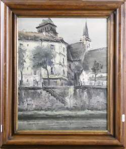 Tableau HST - Paysage citadin - avec certificat daté 1977 signé HIRAKAWA Isamu Tableau HST - Paysage citadin - avec certificat daté 1977 signé HIRAKAWA Isamu