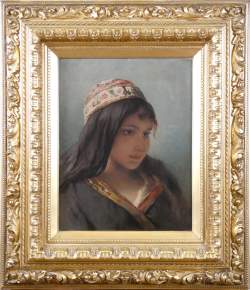Tableau HSB d'acajou - Portrait de Jeune fille orientale - monogrammé J.P.
