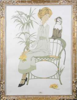 Estampe : Lithographie couleur - Dame au singe - N° 164/180 signé NOYER Philippe Henri Estampe : Lithographie couleur - Dame au singe - N° 164/180 signé NOYER Philippe Henri