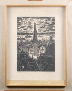 Estampe : Xylogravure (taches) - Osterrieth Huis , Antwerpen - daté 1955 signé MASEREEL Frans Estampe : Xylogravure (taches) - Osterrieth Huis , Antwerpen - daté 1955 signé MASEREEL Frans