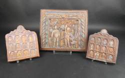Sculpture : (3pcs) Terre cuite bas relief - Adam et Eve et le fruit défendu - daté 1986 au dos signé ROCOUR Jean