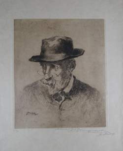 Estampe : Eau - forte sur papier japon (pliure) - Portrait d'Emile Claus - daté 1923 dédicacé à la ma mémoire d'Emile Claus signé MONTIGNY Jenny