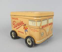 Objet : Boite en métal à roulettes - Biscuits PAREIN Anvers - circa 1950 (usure d'usage) en forme de fourgon VW