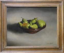 Tableau HSP - nature morte aux poires - daté au dos 1986 signé VAN HOYLANDT Werner Tableau HSP - nature morte aux poires - daté au dos 1986 signé VAN HOYLANDT Werner