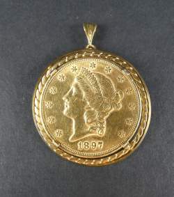 Collection : Bijou : pièce de monnaie de 20 dollars en or 18K - Liberty Double Eagle - montée en bijou en or 18K