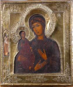 Objet : Icône sur panneau polychrome - Vierge aux trois mains - fin 18e début 19eS Russie rizza en cuivre