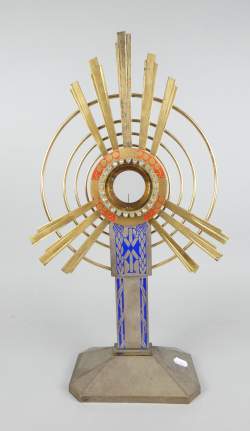 Religieux : Grand Ostensoir en métal doré et argenté motif rayonnant et circulaire décor du Chrisme et de pierres synthétiques
