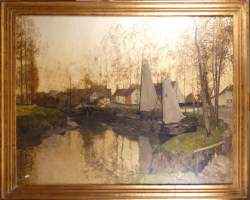 Tableau HST - Cours d'eau de village - signé APOL Armand Tableau HST - Cours d'eau de village - signé APOL Armand